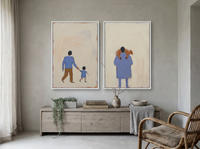 Father & Child with Shepherd — Set of 2 Original Oils, Periwinkle & Caramel — original hand-painted oil shown on the wall in a styled room