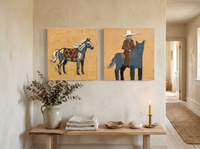 Standing Horse & Mounted Cowboy — Set of 2 Original Oils, Blue-Grey & Ochre — original hand-painted oil shown on the wall in a styled room