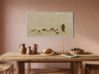 Shepherd and Flock Wide Wall Art — Original Oil Landscape, Olive & Burnt Sienna — original hand-painted oil shown on the wall in a styled room