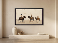 Three Children on Ponies Wide Wall Art — Original Palette-Knife Oil, Chocolate & Cream — original hand-painted oil shown on the wall in a styled room