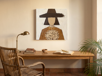 Woman with a Bouquet Wall Art — Original Palette-Knife Oil, Chocolate & Tan — original hand-painted oil shown on the wall in a styled room