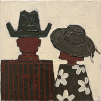 Oil painting of a cowboy in a dark olive hat with an oxblood harlequin shirt beside a cowgirl in an olive hat and striped shirt, both with oxblood faces, on a cream ground.