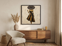 Walking Lady in a Wide Hat Wall Art — Original Palette-Knife Oil, Espresso & Gold — original hand-painted oil shown on the wall in a styled room