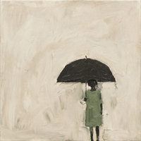 Original oil painting of a woman in a sage-green dress under a black umbrella, on a soft cream ground