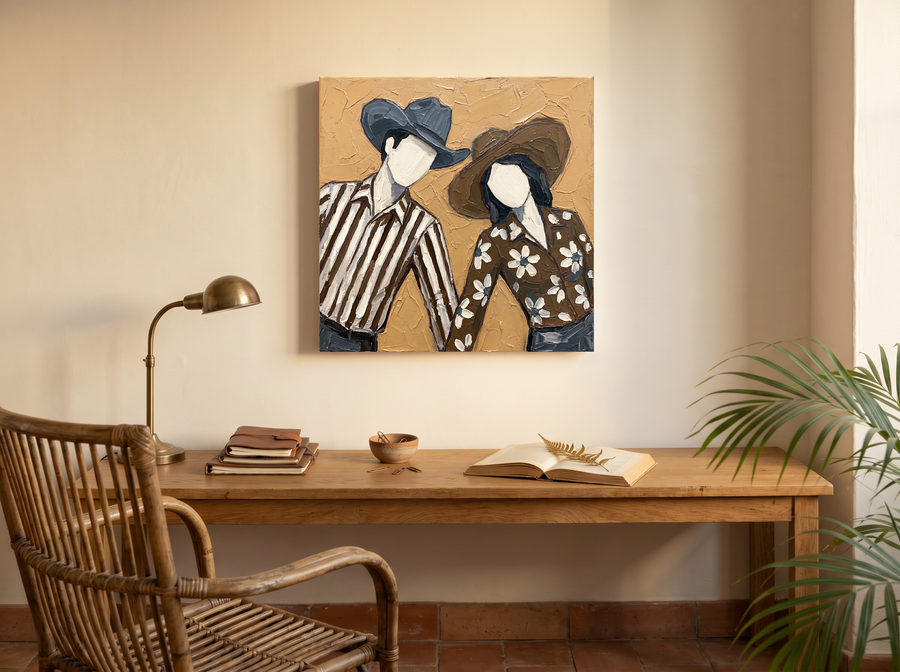 Dancing Couple Wall Art — Original Palette-Knife Oil, Slate & Ochre