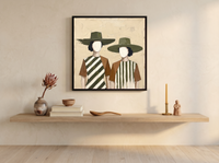 Two Women in Hats Wall Art — Original Palette-Knife Oil, Olive & Rust — original hand-painted oil shown on the wall in a styled room