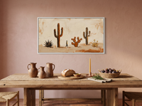 Desert Cacti Row Wide Wall Art — Original Palette-Knife Oil, Chocolate & Rust — original hand-painted oil shown on the wall in a styled room