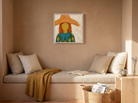 Lady in a Pumpkin Hat Wall Art — Original Palette-Knife Oil, Pumpkin & Teal — original hand-painted oil shown on the wall in a styled room