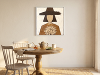 Woman with a Bouquet Wall Art — Original Palette-Knife Oil, Chocolate & Tan — original hand-painted oil shown on the wall in a styled room
