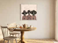 Three Women in Hats Wall Art — Original Palette-Knife Oil, Mauve & Charcoal — original hand-painted oil shown on the wall in a styled room