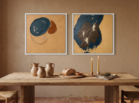 Organic Forms & Monolith — Set of 2 Original Oils, Ochre & Navy — original hand-painted oil shown on the wall in a styled room