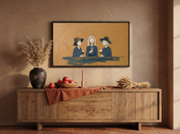 Three Women with Wine Wide Wall Art — Original Palette-Knife Oil, Ochre & Teal-Blue — original hand-painted oil shown on the wall in a styled room