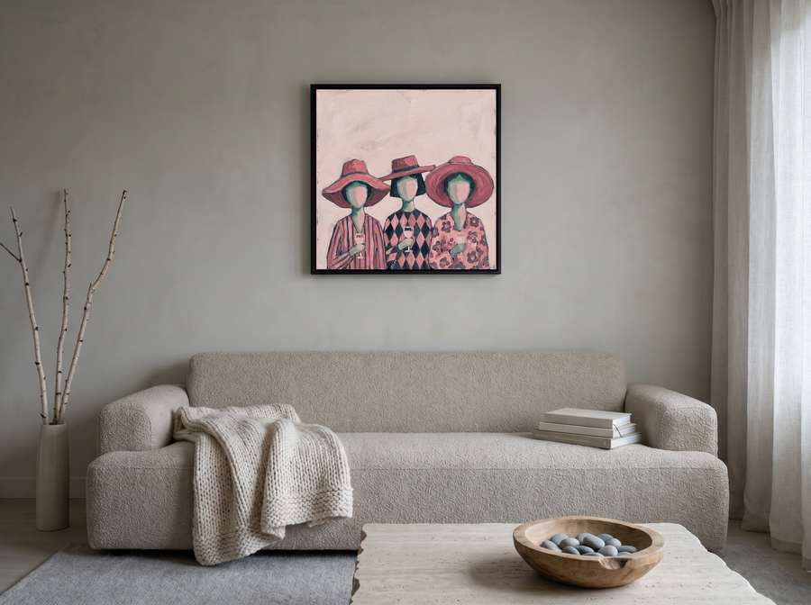 Three Women in Hats Wall Art — Original Palette-Knife Oil, Pink & Navy