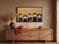 Row of Five Hatted Figures Wide Wall Art — Original Palette-Knife Oil, Navy & Mustard Ochre — original hand-painted oil shown on the wall in a styled room