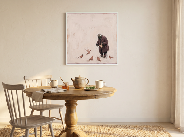 Old Man Feeding Pigeons Wall Art — Original Palette-Knife Oil, Wine & Cream