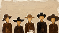 Original wide oil painting of five front-facing figures in chocolate-brown coats and assorted hats with blank tan faces, standing in a row on an oat-cream ground
