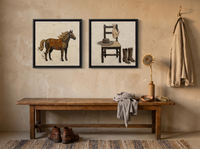 Horse & Cowboy Gear — Set of 2 Original Oils, Chocolate & Rust — original hand-painted oil shown on the wall in a styled room