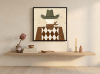 Harlequin Cowboy Wall Art — Original Palette-Knife Oil, Olive & Brown — original hand-painted oil shown on the wall in a styled room