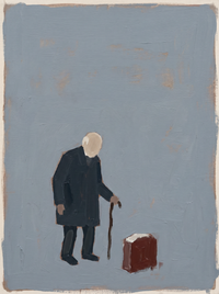 Oil painting of a shepherd in a dark navy coat and hat carrying a pale lamb on his shoulders, on a slate blue-grey ground.