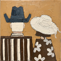 Original oil painting of a cowboy and cowgirl seen from behind, the cowboy in a slate-blue hat and stripes, the cowgirl in a pale floppy hat and a cream floral shirt, on a golden ochre ground