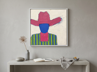 Cowboy in a Wide Hat Wall Art — Original Palette-Knife Oil, Magenta & Cobalt — original hand-painted oil shown on the wall in a styled room
