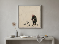 Old Man Feeding Pigeons Wall Art — Original Palette-Knife Oil, Olive & Cream — original hand-painted oil shown on the wall in a styled room