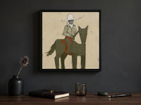 Cowgirl on Horseback Wall Art — Original Palette-Knife Oil, Olive & Cream — original hand-painted oil shown on the wall in a styled room