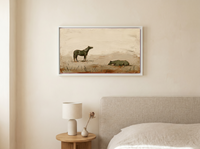 Standing and Resting Horses Wide Wall Art — Original Palette-Knife Oil, Olive & Oat — original hand-painted oil shown on the wall in a styled room