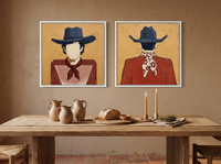 Cowboy Pair, Gingham & Floral — Set of 2 Original Oils, Vermilion & Navy — original hand-painted oil shown on the wall in a styled room