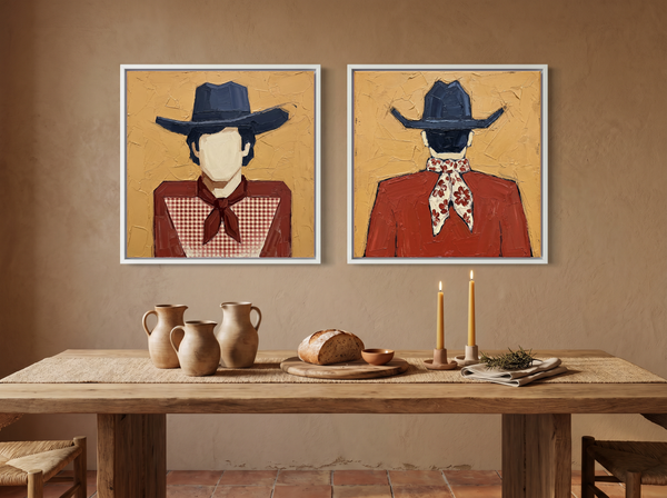 Cowboy Pair, Gingham & Floral — Set of 2 Original Oils, Vermilion & Navy