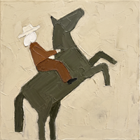 Original oil painting of an olive-green horse rearing with one foreleg raised under a rider in a rust jacket and white wide-brim hat, on a cream ground with heavy palette-knife texture