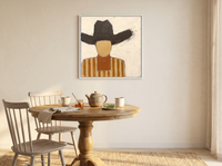 Cowboy in a Wide Hat Wall Art — Original Palette-Knife Oil, Brown & Ochre — original hand-painted oil shown on the wall in a styled room