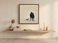 Couple Walking Away Wall Art — Original Palette-Knife Oil, Olive & Oxblood — original hand-painted oil shown on the wall in a styled room