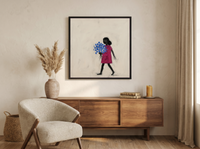 Girl with a Bouquet Wall Art — Original Palette-Knife Oil, Magenta & Cobalt — original hand-painted oil shown on the wall in a styled room