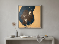 Dark Monolith Abstract Wall Art — Original Palette-Knife Oil, Navy & Ochre — original hand-painted oil shown on the wall in a styled room