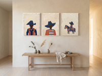 Western Family Triptych — 3 Original Oils, Indigo & Coral — original hand-painted oil shown on the wall in a styled room