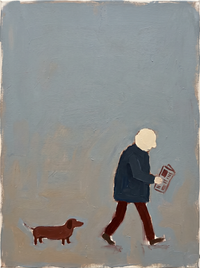 Oil painting of a man in a charcoal coat with a pale grey head walking to the left with a folded newspaper, a small dachshund trailing behind, on a slate blue-grey ground.