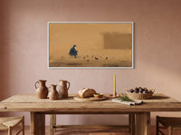 Pigeon Feeder at Dawn Wide Wall Art — Original Oil, Golden Ochre & Navy — original hand-painted oil shown on the wall in a styled room