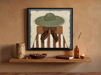 Lady in an Olive Hat Wall Art — Original Palette-Knife Oil, Olive & Rust — original hand-painted oil shown on the wall in a styled room