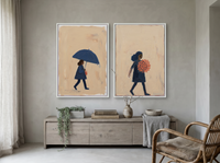 Woman with Umbrella & Woman with Bouquet — Set of 2 Original Oils, Indigo & Coral — original hand-painted oil shown on the wall in a styled room
