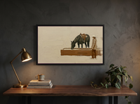 Cowgirl and Horse at the Trough Wide Wall Art — Original Palette-Knife Oil, Olive & Burnt Sienna — original hand-painted oil shown on the wall in a styled room
