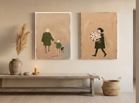 Father & Child with Woman & Bouquet — Set of 2 Original Oils, Moss & Clay — original hand-painted oil shown on the wall in a styled room