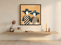 Two Women in Hats Wall Art — Original Palette-Knife Oil, Teal & Ochre — original hand-painted oil shown on the wall in a styled room