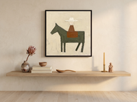 Rider on Horseback Wall Art — Original Palette-Knife Oil, Olive & Rust — original hand-painted oil shown on the wall in a styled room