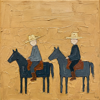 Original oil painting of two riders in straw hats and grey-blue coats on slate blue-grey horses, on a golden ochre ground with palette-knife texture
