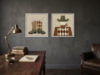 Cowboy Boots & Cowboy — Set of 2 Original Oils, Olive & Sienna — original hand-painted oil shown on the wall in a styled room
