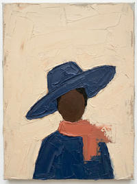 Oil painting of a woman in a navy wide-brim hat with a dark blank face and a coral-red collar, on a cream ground.