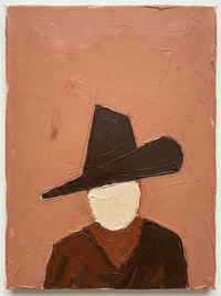 Heavy impasto oil portrait of a cowboy face-on under a near-black angular hat with a cream blank face and dark brown coat, on a terracotta ground.