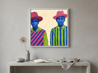 Two Figures in Hats Wall Art — Original Palette-Knife Oil, Pink & Cobalt — original hand-painted oil shown on the wall in a styled room