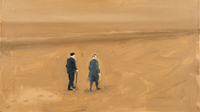 Original wide oil painting of two navy-grey figures on a golden-ochre beach, the nearer one leaning on a cane, footprints trailing